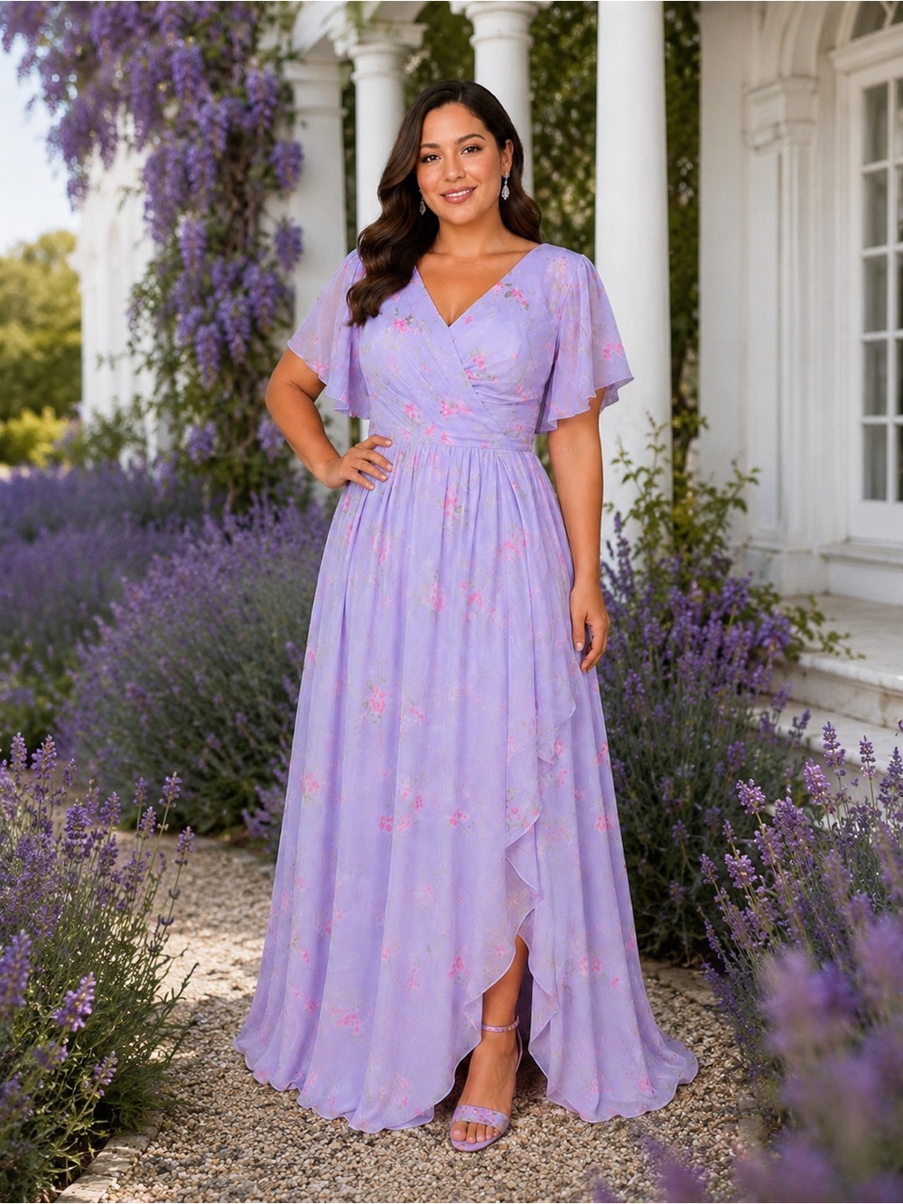 #16-15 Lavender Floral Wrap Maxi Dress-Elegant Women's Gown-1X/Size 16W